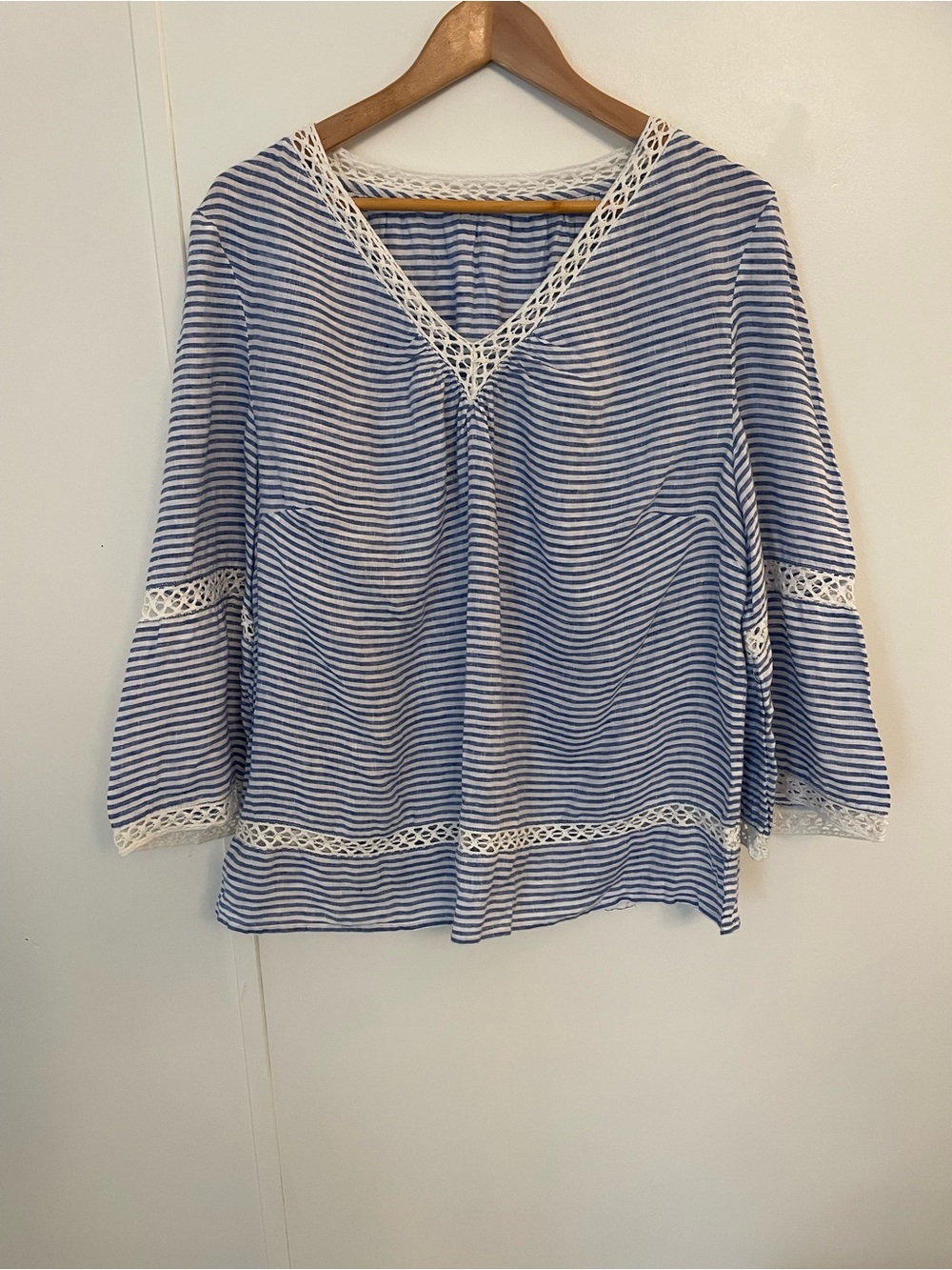 Chico's Blue and White Striped crocheted Detailed Linen Top Size XXL